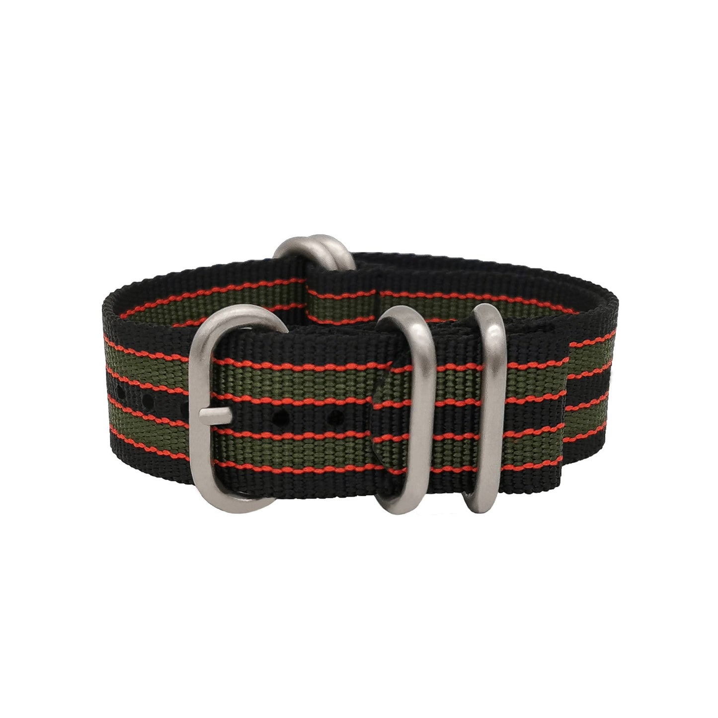 Masar ZULU Bracelet Nato 18mm James Bond Nylon - Noir / Rouge / Vert Boucle Satin - Homme - Strap Raide et épais 2mm