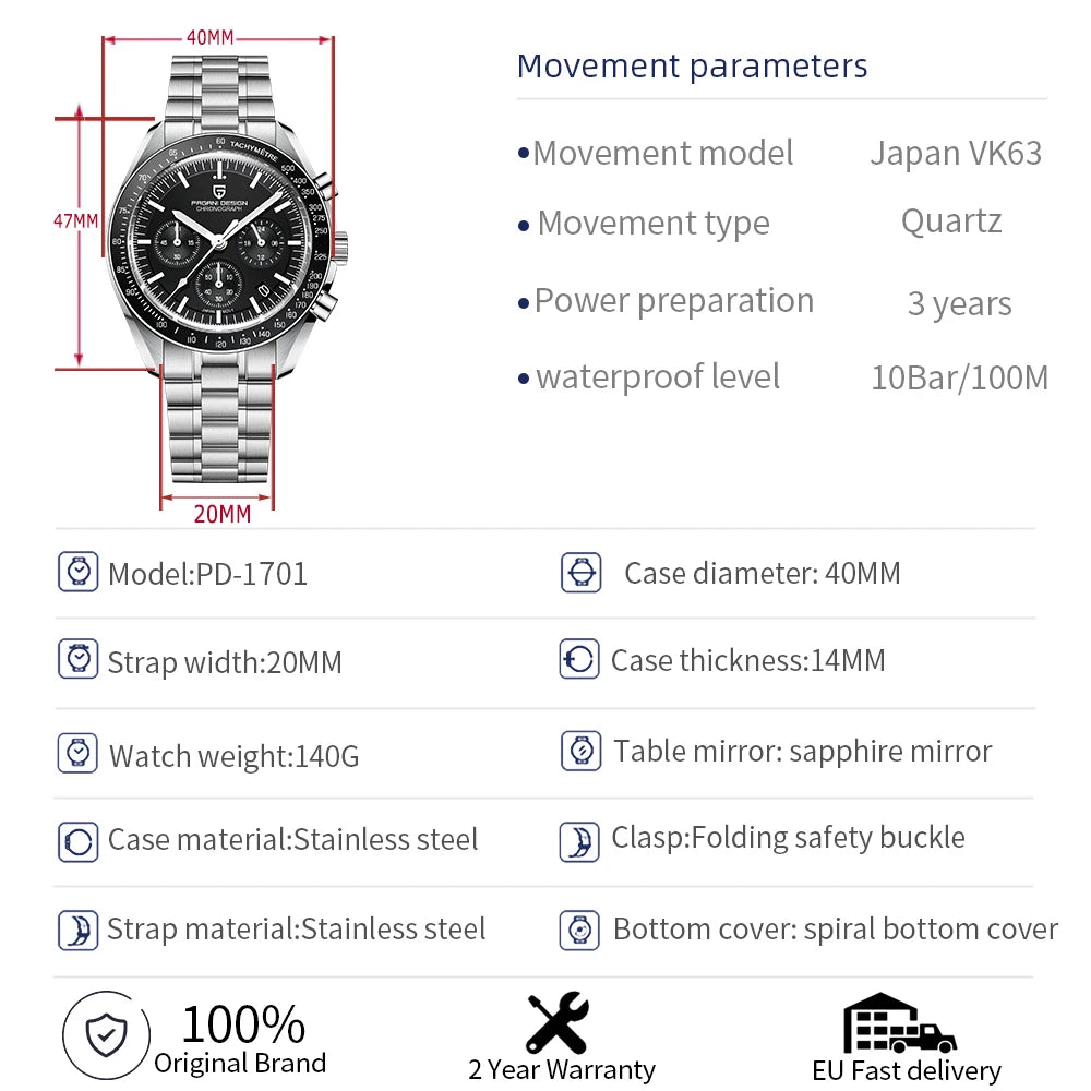 Orologio da uomo 40mm Cronografo al quarzo - PAGANI DESIGN Date AR Sapphire Sport