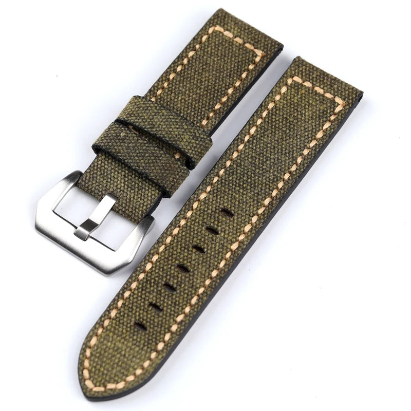 Leather and Canvas Watch Strap, 20 22 24 26MM, Black, Green, Brown, Denim, Thick Material, Retro, Military Watch Band