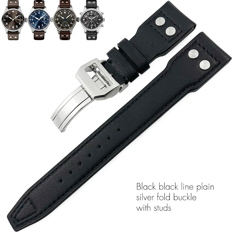 Cinturino per orologio in vera pelle di alta qualità con rivetti da 21 mm 22 mm, adatto per IWC Big Pilot Spitfire TOP GUN, in pelle bovina marrone e nera