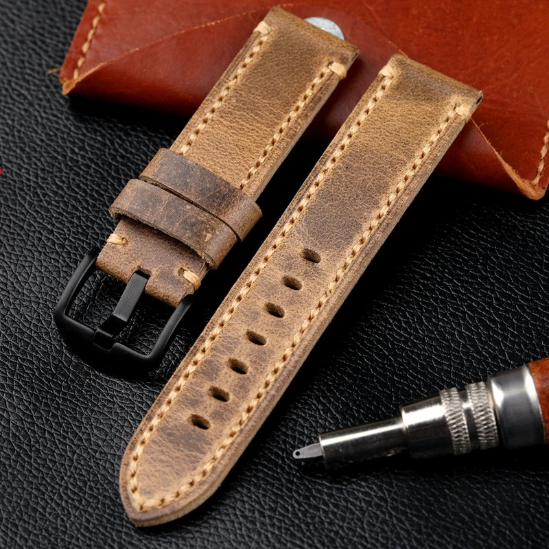 Handmade leather watch strap, 20 21 22 23 24 26MM, folded in half to create a soft calf leather top layer, Retro style for PAM111