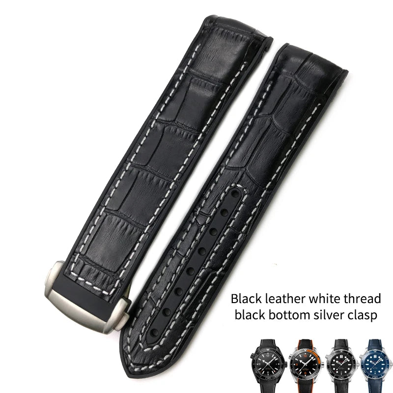 Cinturino per orologio in gomma, nylon e pelle, cinturino in silicone arancione, tela nera, adatto per Omega Seamaster 84300, Planet Ocean 600, 20mm, 21mm, 22mm