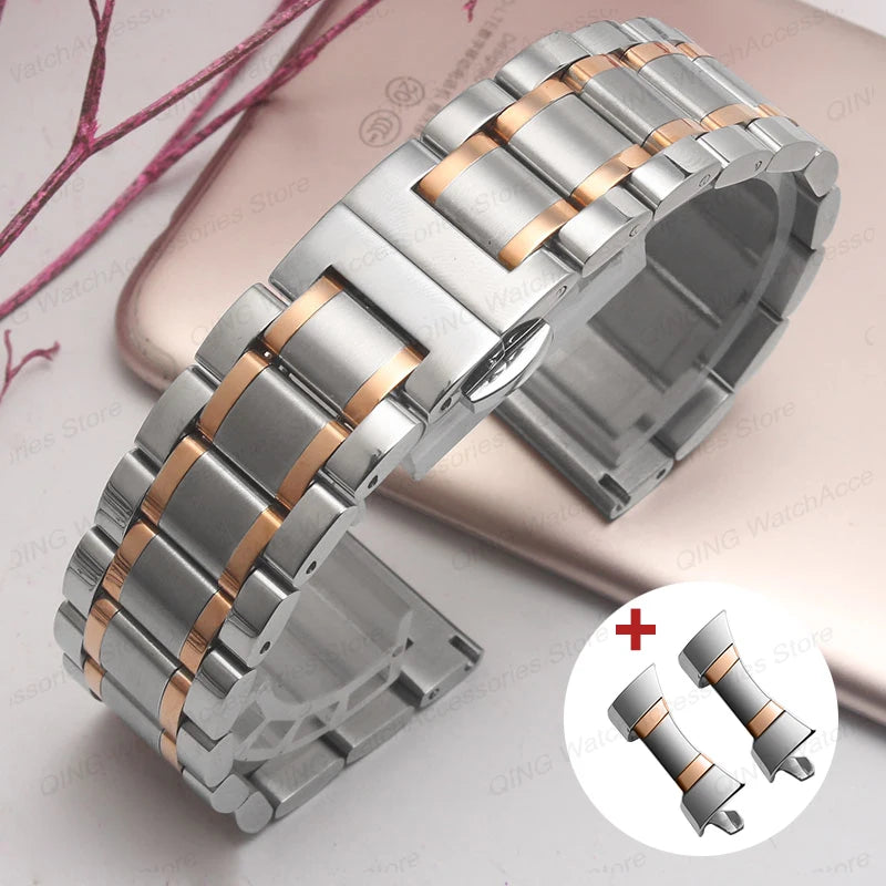 Solid stainless steel watch band with flat, arc-shaped end for Tissot butterfly clasp bracelets, sizes 12, 13, 14, 15, 16, 17, 18, 19, 20, 21, 22, 23, 24mm, universal