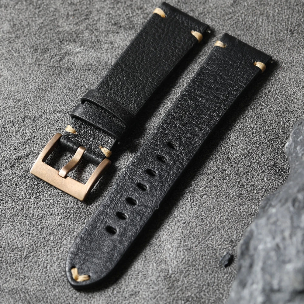 Handmade Top Layer Cowhide Leather Strap, Black Brown Bronze Watchband 19 20 21 22MM, Pure Copper Bezel, Bronze Watch Accessories