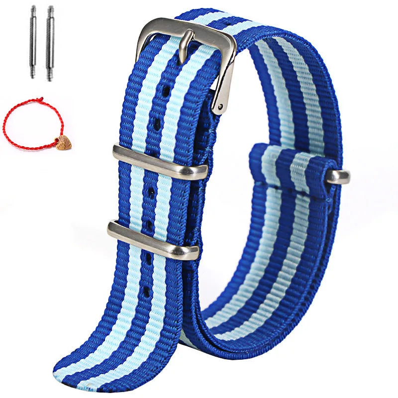 Bracelet de montre à rayures de remplacement pour hommes et femmes, en Nylon, avec boucle ardillon argentée, 16MM 18MM 20MM 22MM, bracelet à dégagement rapide