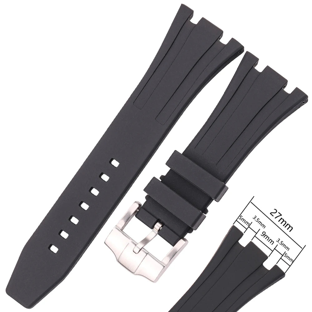 Bracelet de montre en caoutchouc de silicone souple, bracelet de plongée, bracelet de montre-bracelet, bleu, noir, 27mm