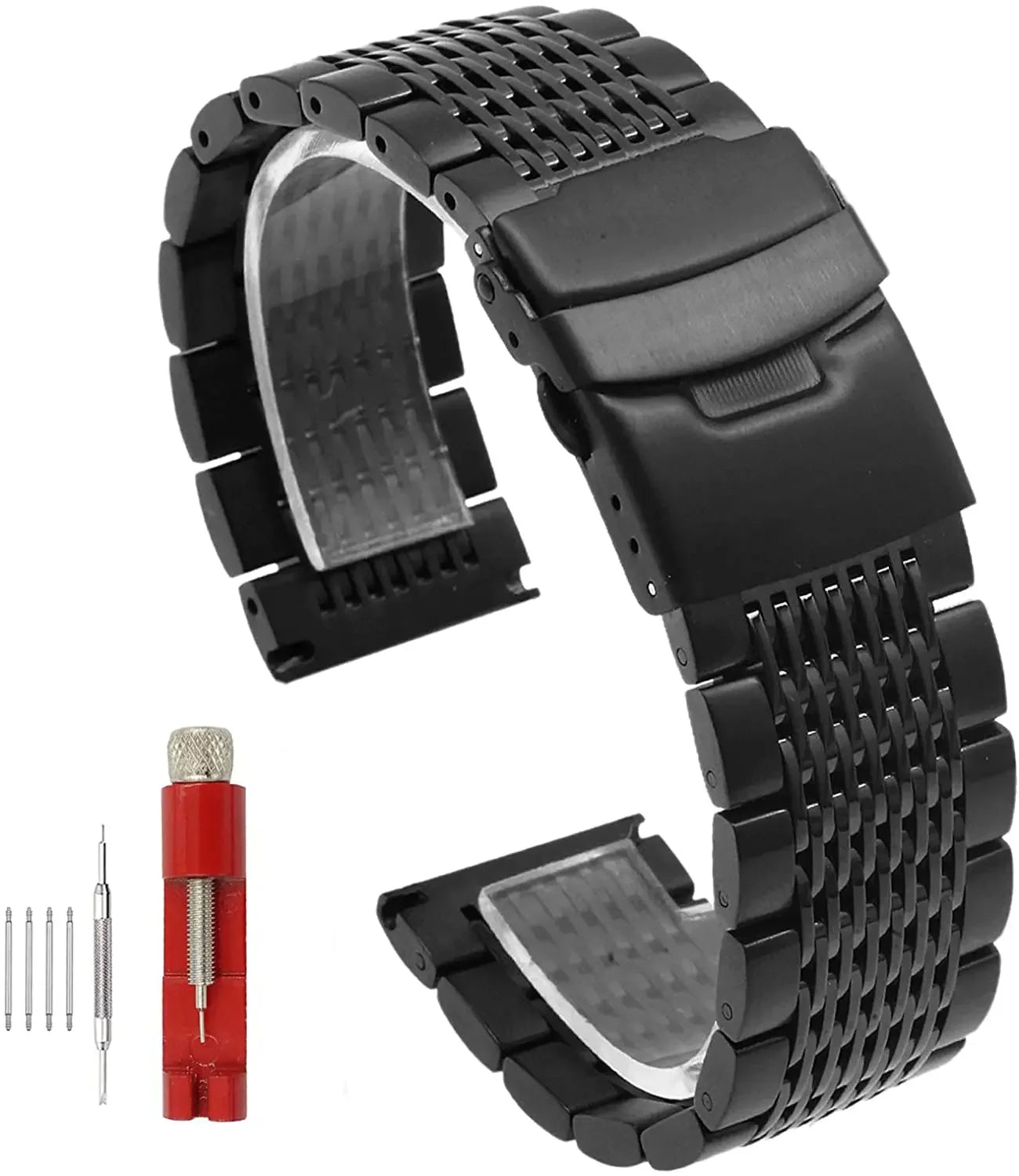 Solid deployment clasp dive watch strap, stainless steel mesh, brushed and polished, business straps, 18/20/22/24mm