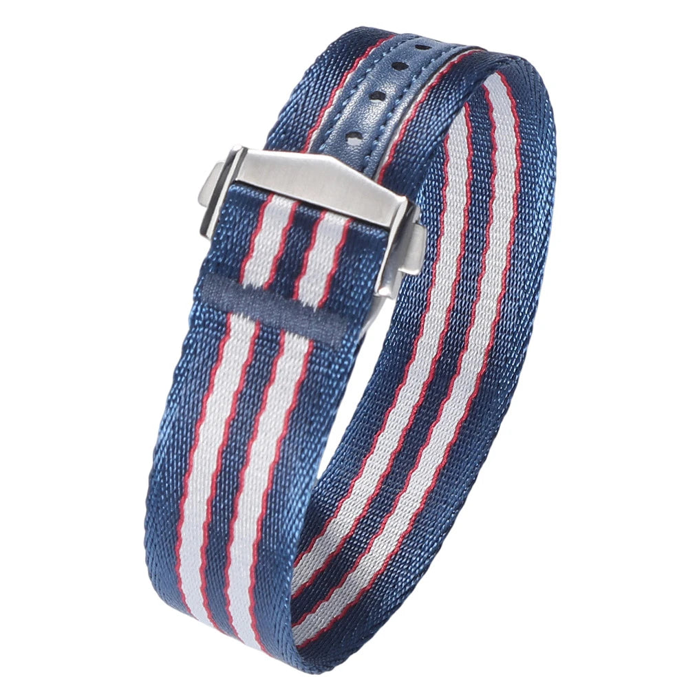 Cinturino per orologio classico in morbido nylon con fibbia deployante 20mm 22mm, in tessuto di cintura di sicurezza premium con chiusura pieghevole per Omega
