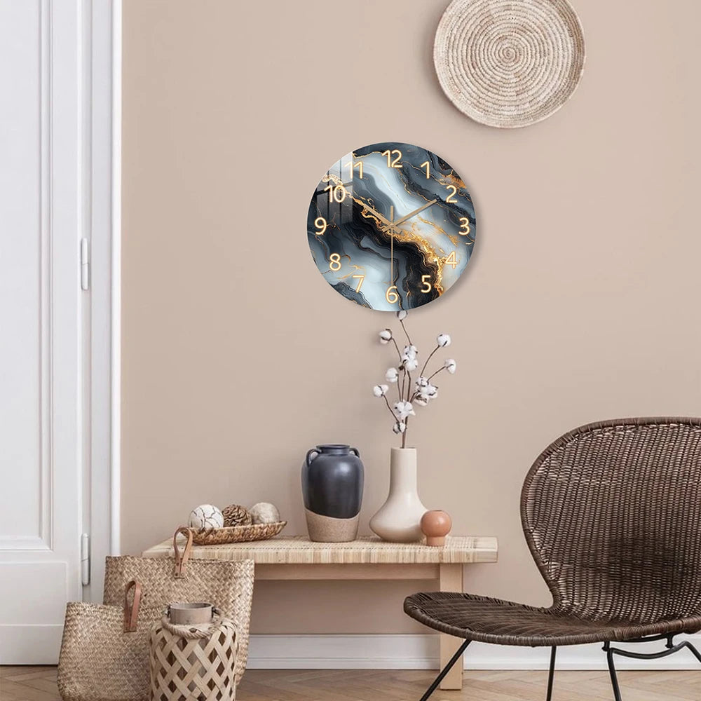 1-piece wooden wall clock, fantasy theme - blue and gold marble textured pattern, silent clock with tempered film veneer, suitable