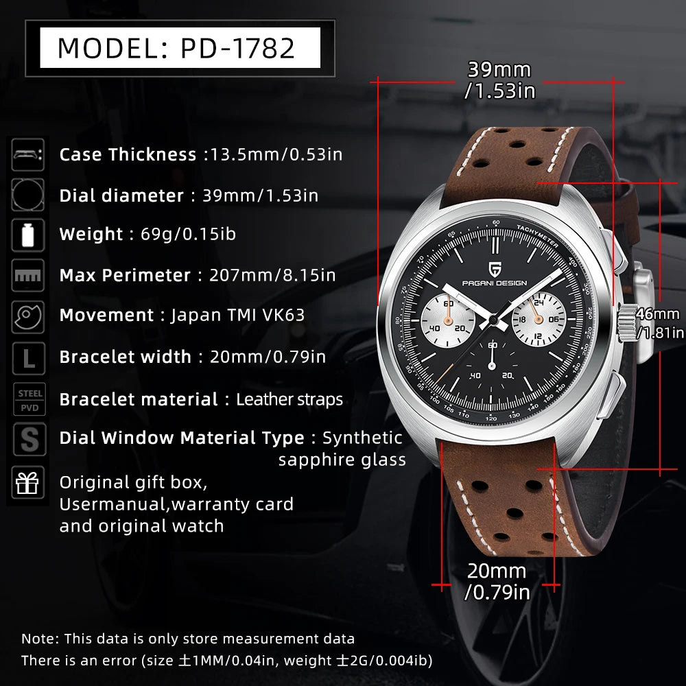 Orologio da uomo 39 mm cronografo al quarzo - PAGANI DS AR Sapphire Retro Sport