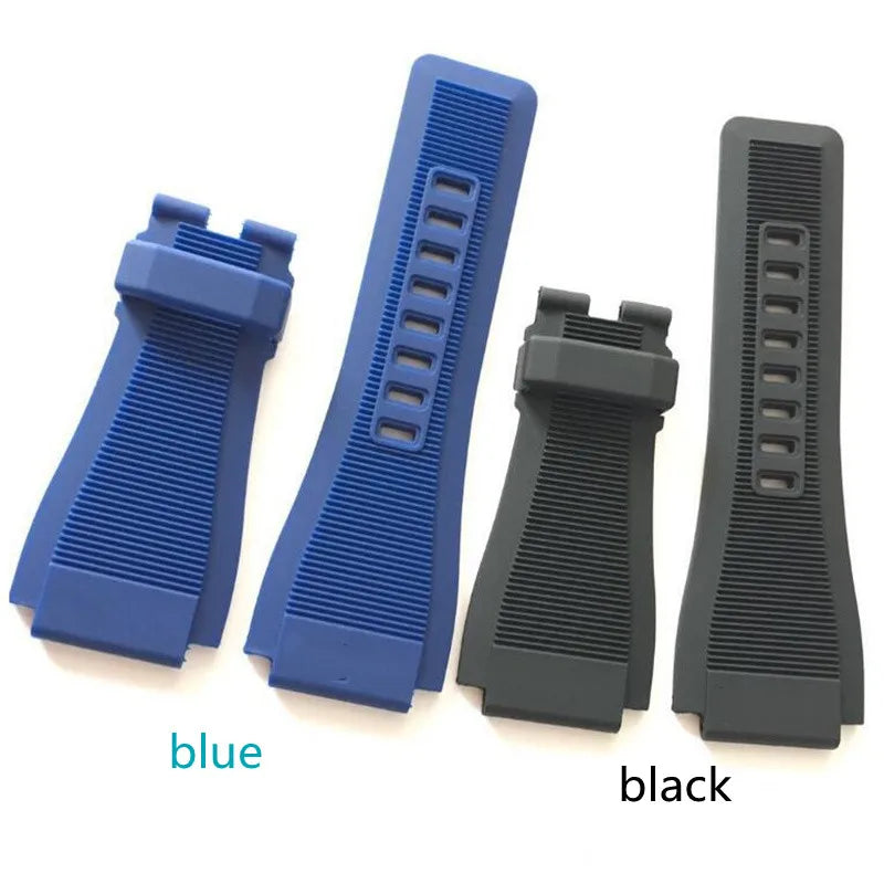 Silicone Rubber Watch Strap, Durable Black Convex Mouth, 24mm, Blue Pin Buckle, Logo, Suitable for Bell Ross BR01 BR03 Watch, In Stock