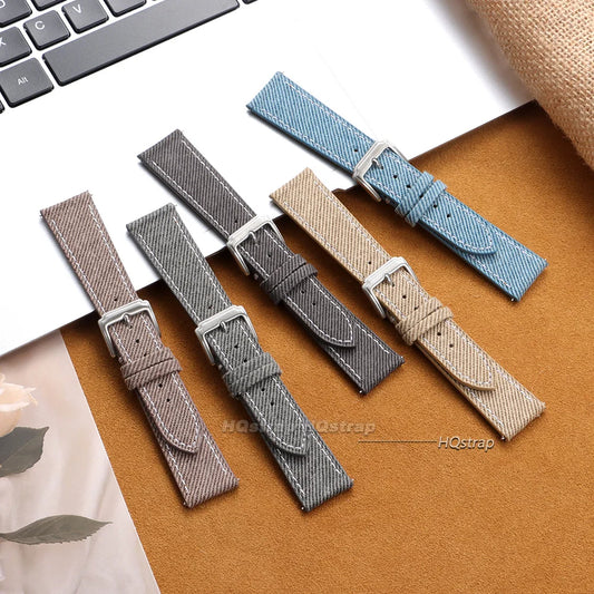 Cinturino per orologio a sgancio rapido in denim vintage, motivo jeans, 18 mm 20 mm 22 mm, cinturino in vera pelle cucito per braccialetti sportivi in tela Seiko