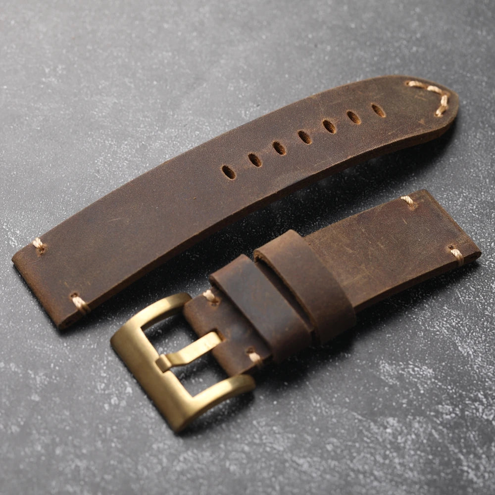 Cowhide Watch Strap, Vintage Top Layer, 20mm 22mm 24mm 26mm, Brown Foldable Copper Buckle, Genuine Leather Watch Band