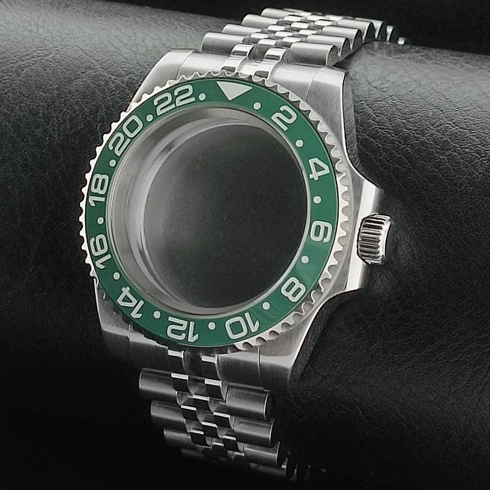New 40.5mm GMT fit NH-34 silver case, bezel can rotate in both directions, sapphire crystal, waterproof watch case, watch parts, accessories