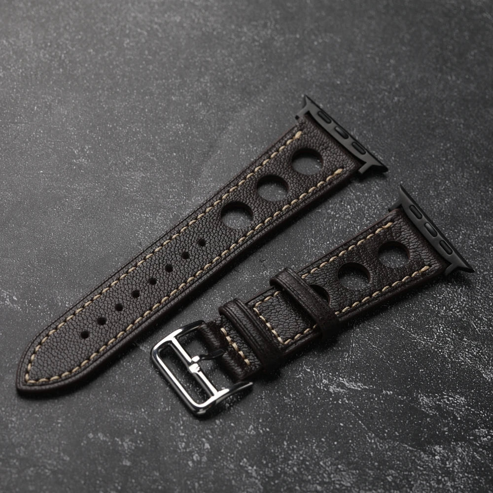 Handmade Breathable Leather Strap for Apple Watch S10 Ultra 2, Brown, Black, Goatskin, 46mm, 45mm, 49mm