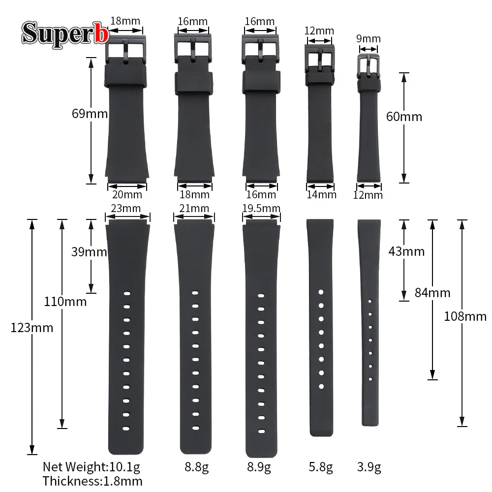Bracelet de montre universel en caoutchouc et résine noir 12mm 14mm 16mm 18mm 20mm pour montre électronique Casio, style classique, pour hommes et femmes