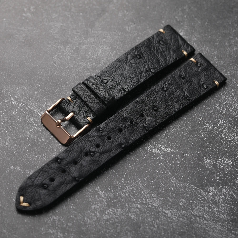 Cinturino per orologio in pelle di struzzo ultra sottile fatto a mano 18 19 20 21 22 MM Bracciale morbido nero da uomo Cinturino in pelle stile vintage