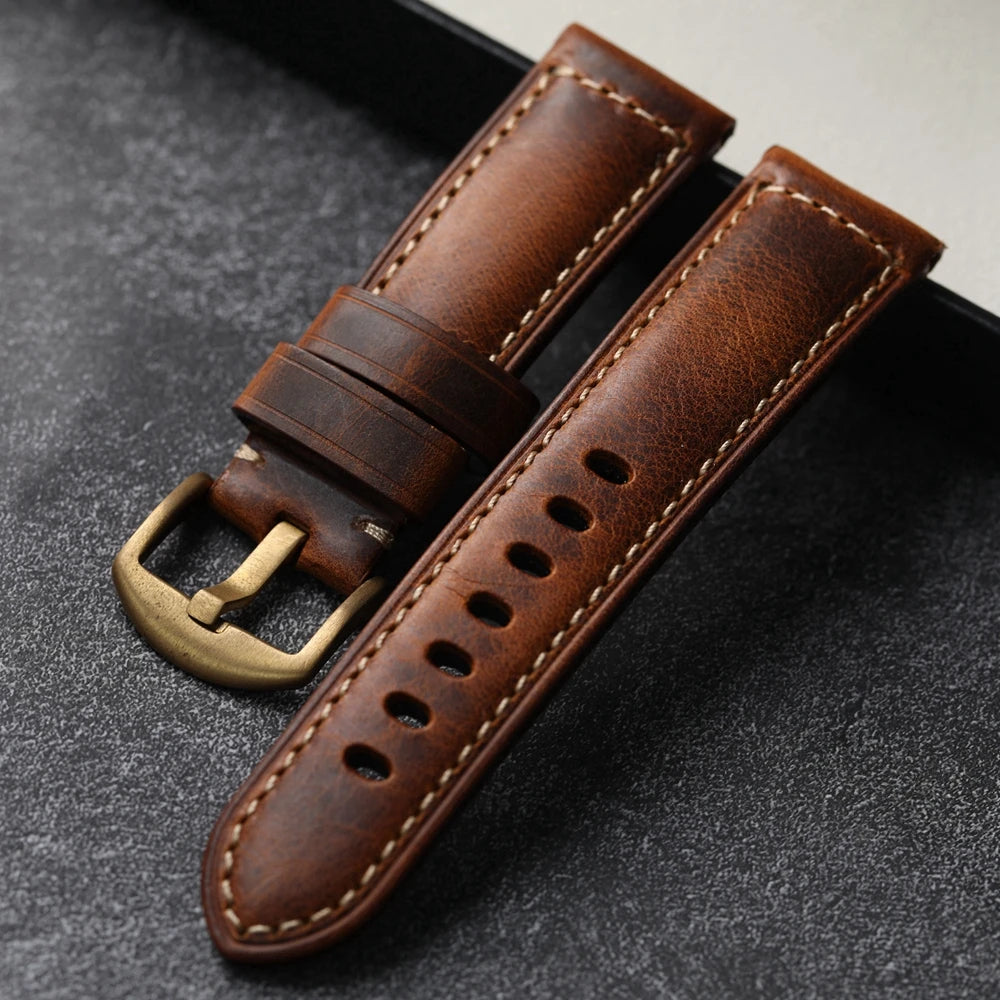Cinturino per orologio da uomo fatto a mano in pelle bovina, strato superiore, beige, vintage, 20mm, 22mm, 24mm, struttura in bronzo morbido e ispessito