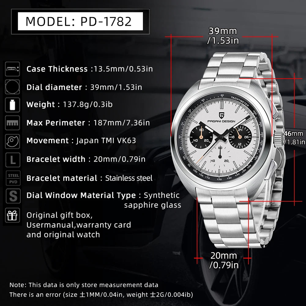 Orologio da uomo 39 mm Cronografo al quarzo - PAGANI DS Panda Dial VK63 Sapphire Sport