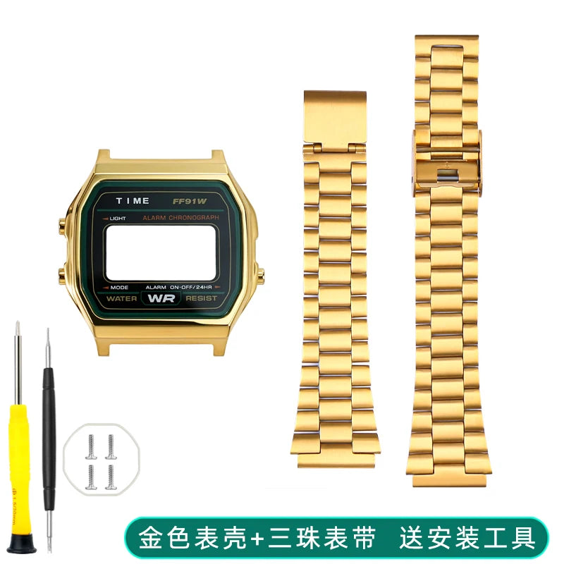 Kit cassa e bracciale in acciaio inossidabile per Casio F91W/A158/A159 – Cinturino di ricambio personalizzato e strumenti inclusi (argento/nero/oro)