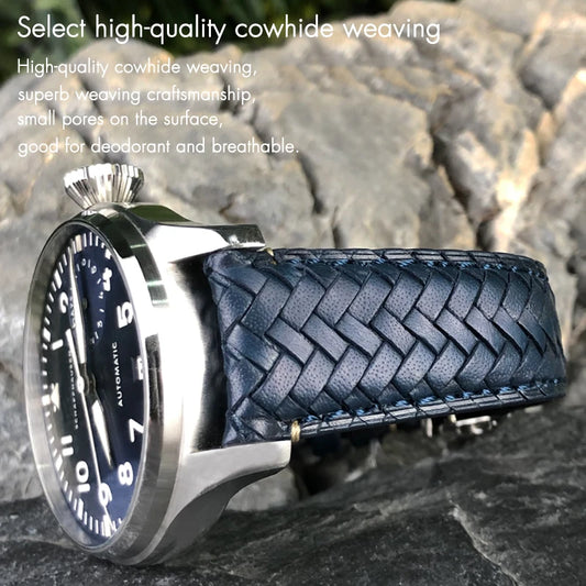 Bracelet de montre tissé en cuir de vache, 22mm 20mm 21mm, adapté aux montres de pilote IWC Portugieser Portofino IW5007, bracelet de montre en cuir souple bleu