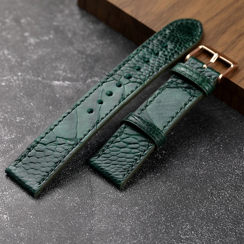 Cinturino per orologio in pelle di struzzo blu-verde fatto a mano 18 19 20 21 22 MM, morbido, stile vintage, da uomo