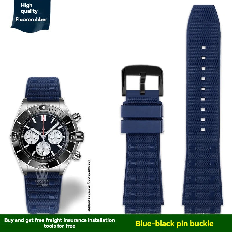 22mm 24mm FKM Viton Rubber Strap for Breitling Super Chronomat B01 44 Avenger, Waterproof Fluororubber Watch Band for Men