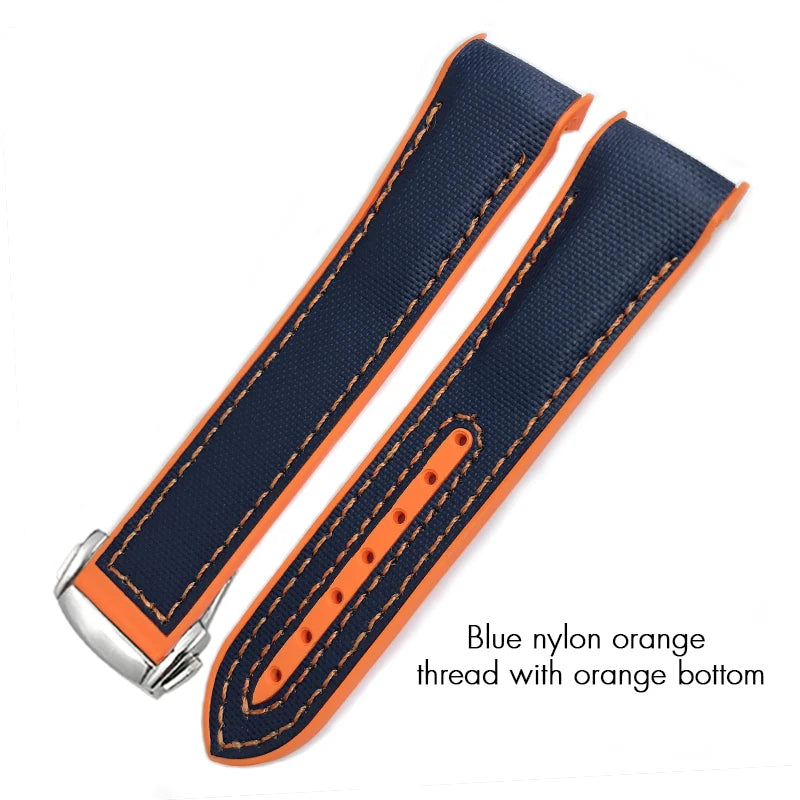 Bracelet de montre en caoutchouc et Nylon et Silicone, 19mm 20mm 21mm 22mm, adapté à Omega GMT Planet Ocean Seamaster Diver 300, extrémité incurvée, Orange
