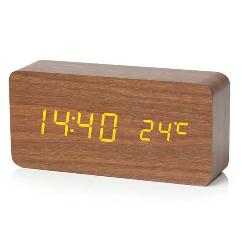 Sveglia digitale in legno, sveglia a LED con display della temperatura, orologi da scrivania per ufficio, orologio da comodino