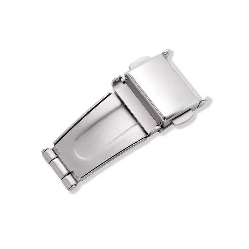 Unisex watch clasp in silver stainless steel, double push button folding strap buckle for wristwatch accessories