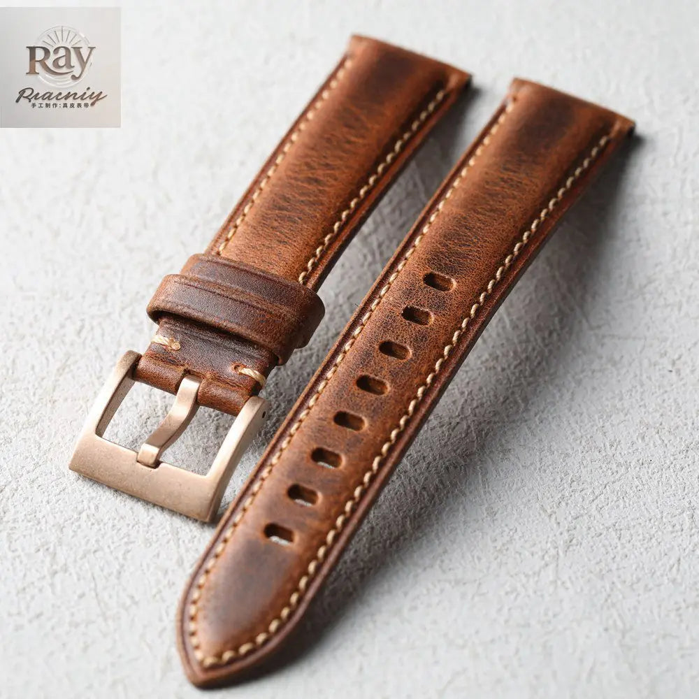 High-end leather strap, 20MM 22MM, bronze clasp, thick leather strap for men, retro style, suitable for bronze watch bracelet
