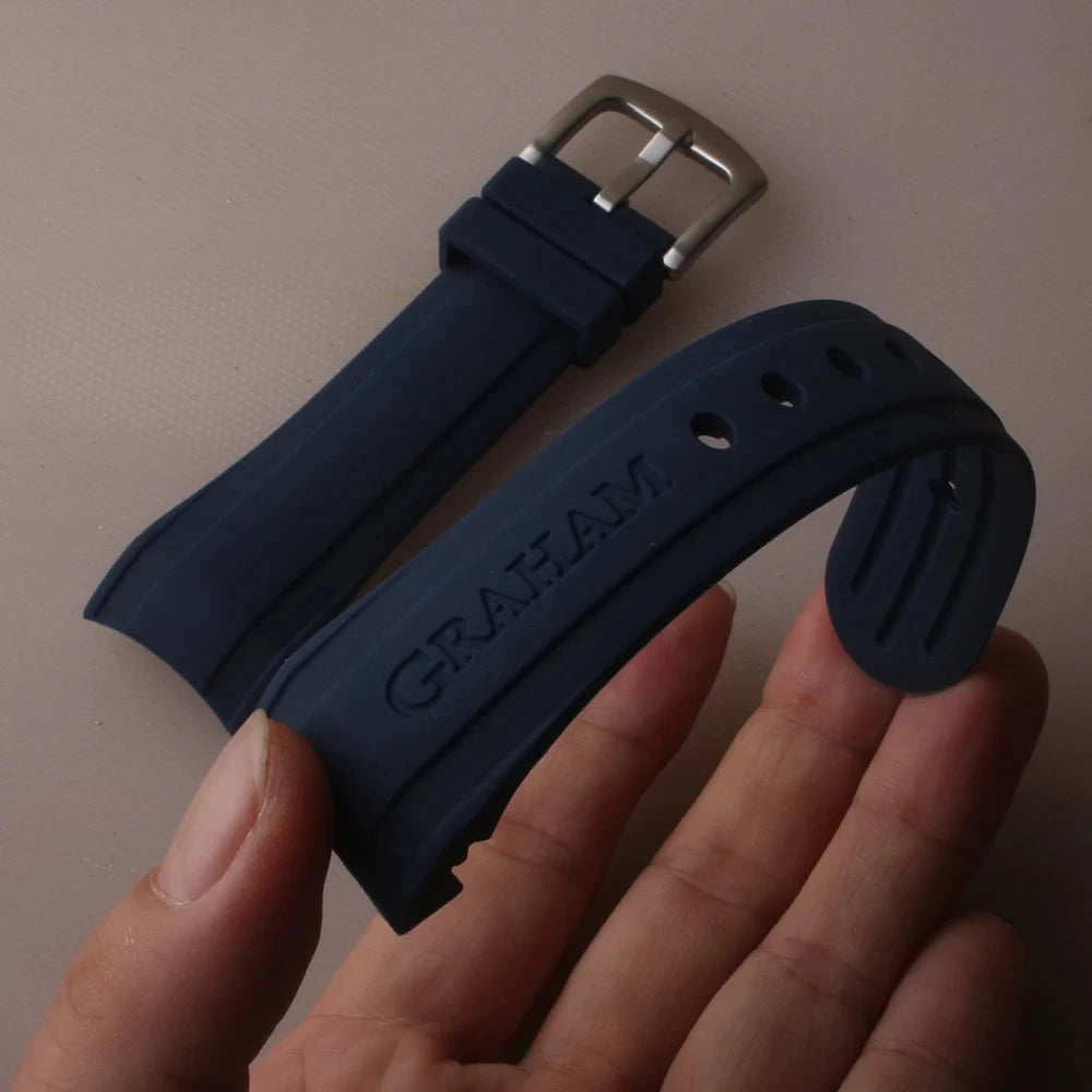 Bracelet de montre en Silicone 24mm pour Bracelet Graham, extrémité incurvée, en caoutchouc, avec boucle en acier inoxydable, noir, bleu, nouveau