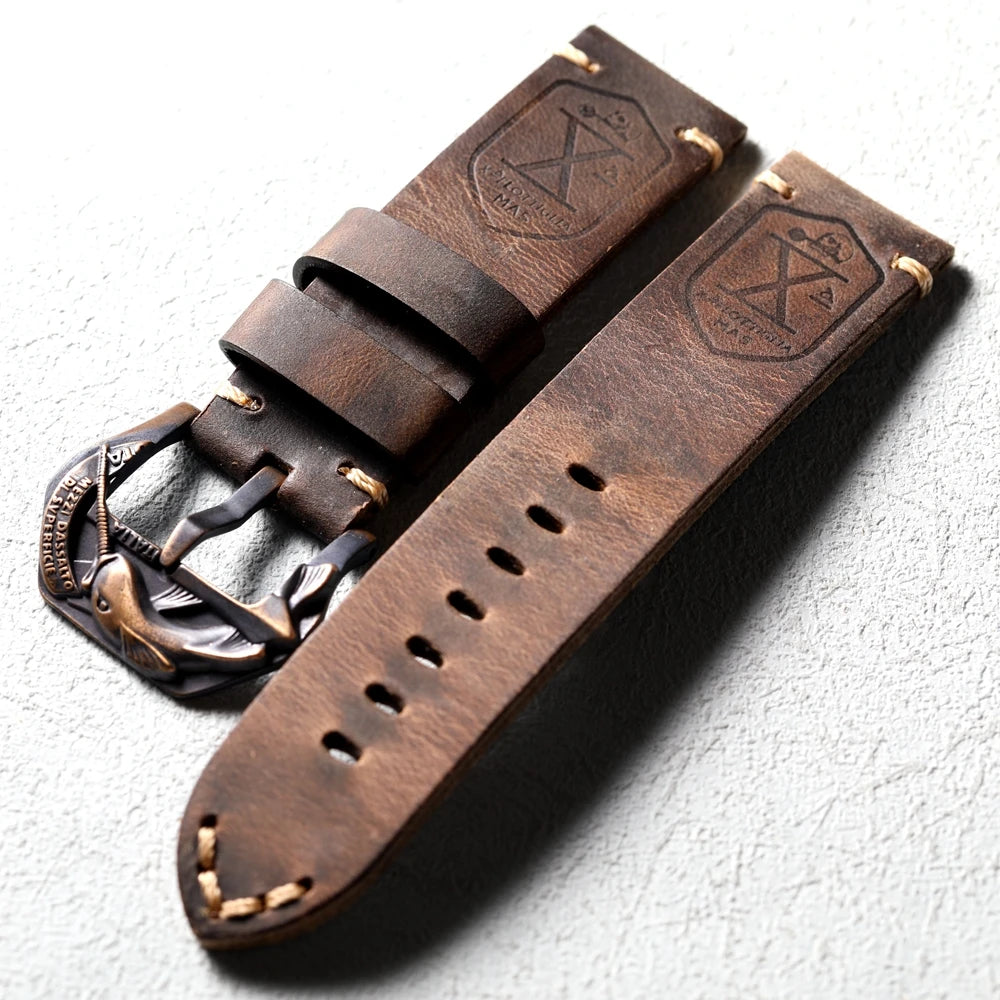 Handmade Bronze Buckle Strap, Compatible with Bronze Watch Accessories, 20MM 22MM 24MM 26MM Thick, Brown Leather Strap