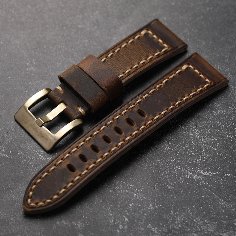 Cinturino per orologio in pelle bovina da uomo, fatto a mano, primo strato, 20 21 22 24 26MM, Vintage, bronzo, spesso, stile vintage
