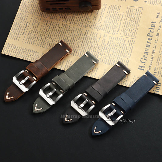 Bracelet de montre Vintage en cuir Crazy Horse, couture faite à la main, en cuir de vache, pour montre intelligente Panerai 18mm 20mm 22mm 24mm 26