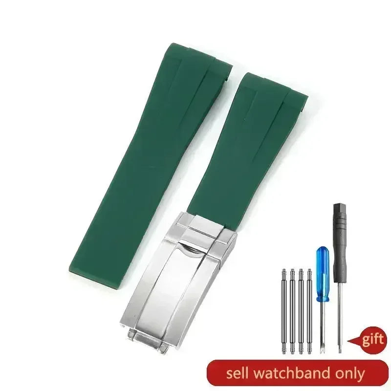 High-quality silicone watch strap in colorful styles (black, green, red, blue, white), with a curved interface for Rolex Datejust Submariner straps.