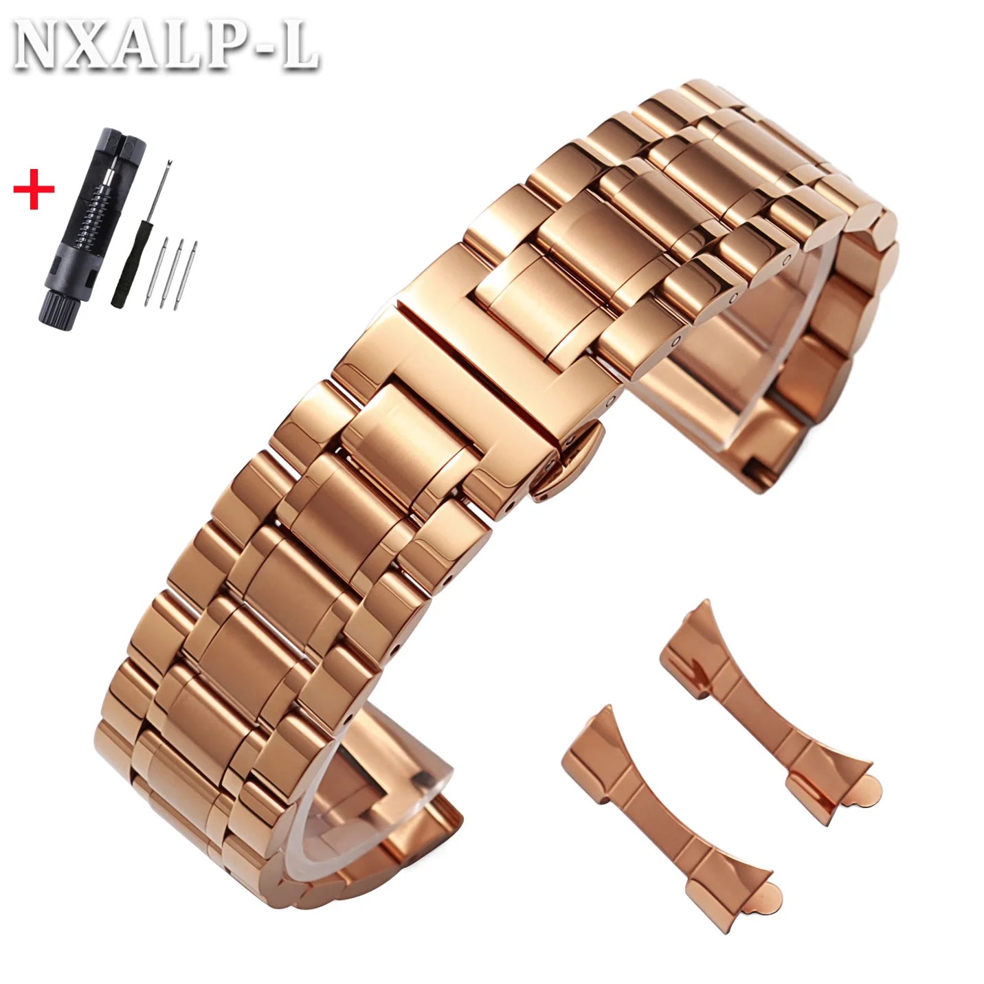 Bracelet de montre en acier inoxydable à extrémité incurvée, fermoir papillon, Bracelet universel en métal massif 12/13/14/15/16/17/18/19/20/21/22/23/24mm
