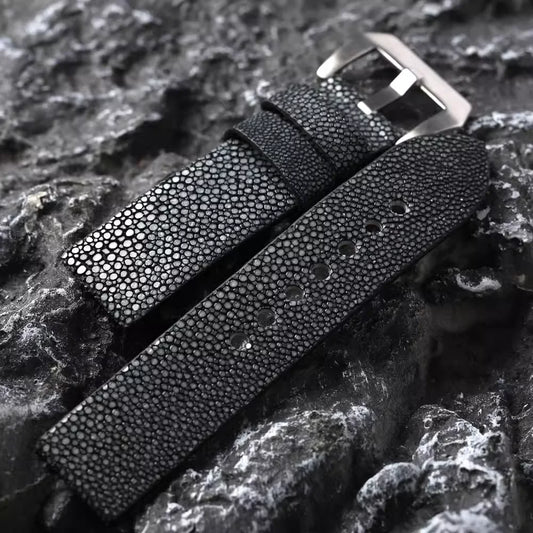 Handmade Men's Beaded Fish Leather Watch Accessory Bracelet, Black, Grey, Soft and Wear-Resistant, 20mm, 22mm, 24mm