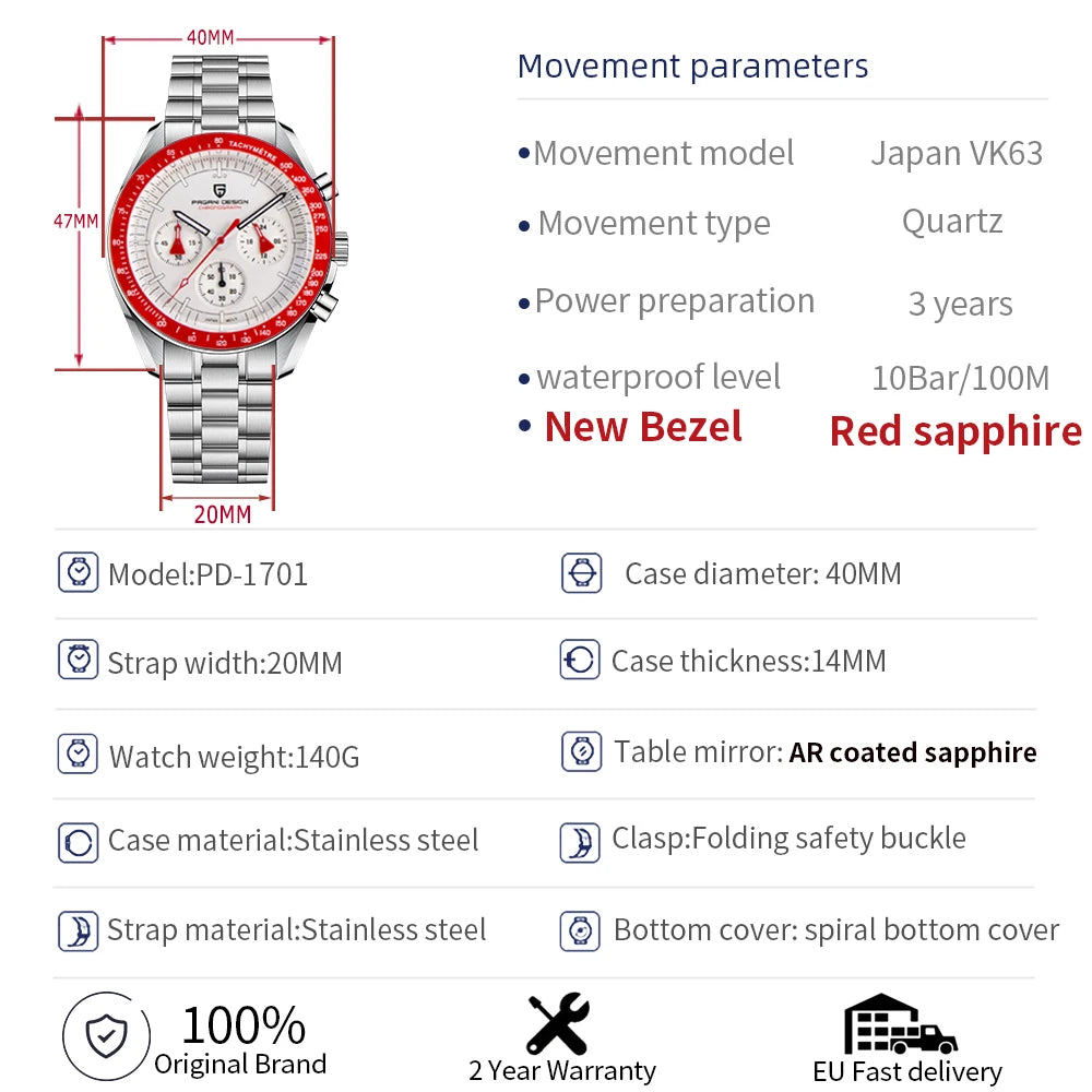Orologio da uomo 40 mm Cronografo al quarzo - PAGANI DS AK Project AR Sapphire Date Sport