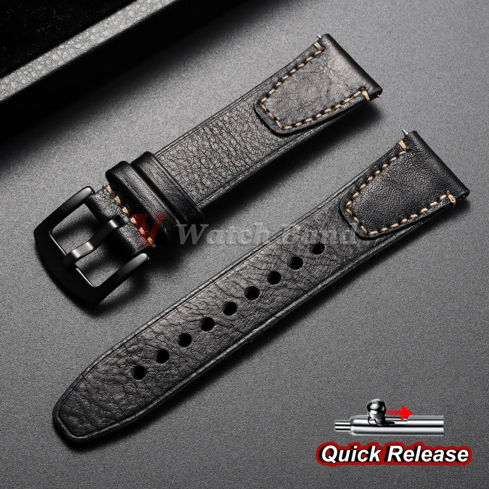 Bracelet de montre en cuir de vache véritable vintage 18mm 20mm 22mm, à dégagement rapide, universel, style rétro, pour femmes et hommes