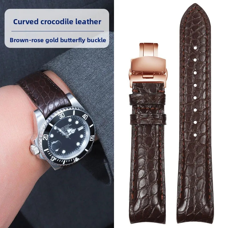 Bracelet de montre incurvé en peau de Crocodile, 20mm 22mm, pour Rolex Omega Tissot IWC Seiko, Bracelet en cuir véritable souple pour hommes