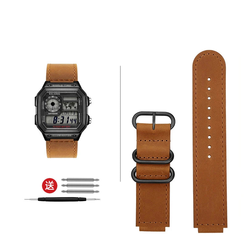 High-quality vintage leather watch strap for Casio 3299 AE-1200 AE-1300 AE-1500 SGW-300/400 w218h, 18mm, brown/black