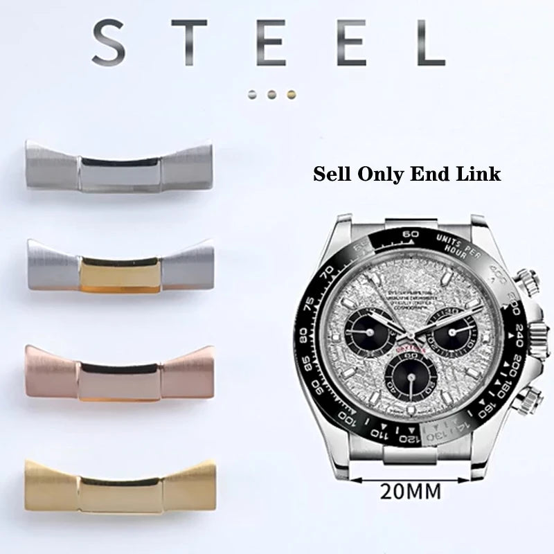 Collegamento finale solido da 20 mm per cinturino per orologio in pelle/silicone Rolex Daytona Submariner nero verde acqua fantasma GMT, interfaccia ad arco