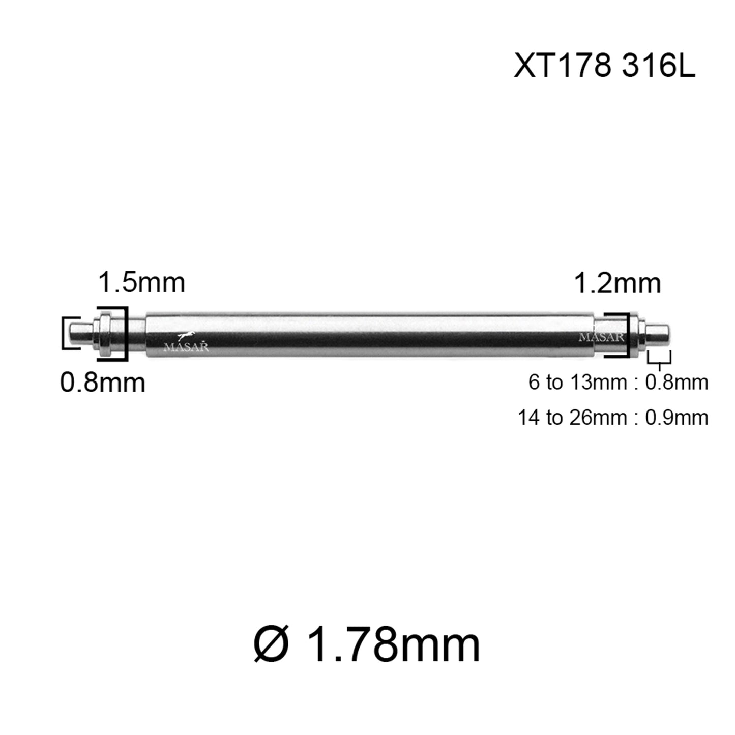 Masar XT Ø 1,78 mm - Pasador de resorte para correa de reloj - Acero inoxidable 316L - 0,8 mm - 2 uds.