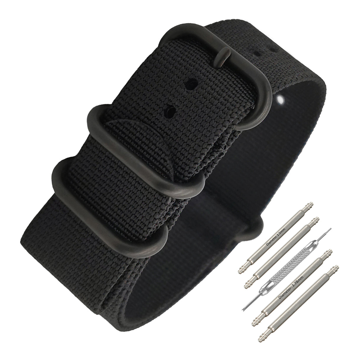 Masar ZULU Bracelet Nato 20mm Nylon - Noir / Full Black - Homme - Strap Raide et épais 2mm
