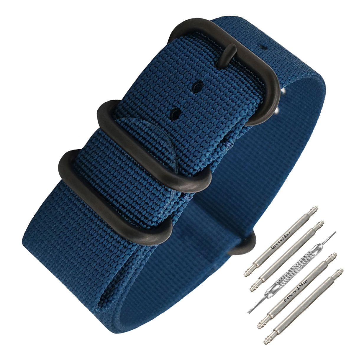 Masar ZULU Bracelet Nato 24mm Nylon - Bleu / Boucle Noir - Homme - Strap Raide et épais 2mm