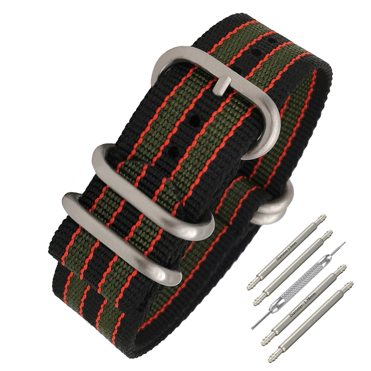 Masar ZULU Bracelet Nato 20mm James Bond Nylon - Noir / Rouge / Vert Boucle Satin - Homme - Strap Raide et épais 2mm