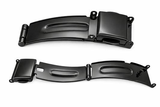 Boucle Déployante Courte Noir Bracelet Montre sans ardillon - Fermoir 3 Plis Papillon - Acier Poli Miroir - 1 Pc
