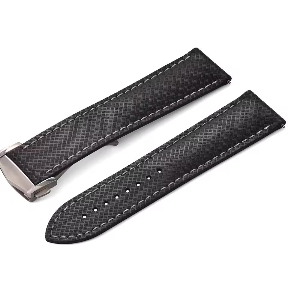 Masar FKM Black Rubber Watch Strap / Stitching - Racing / Deployant Clasp / Quick Release