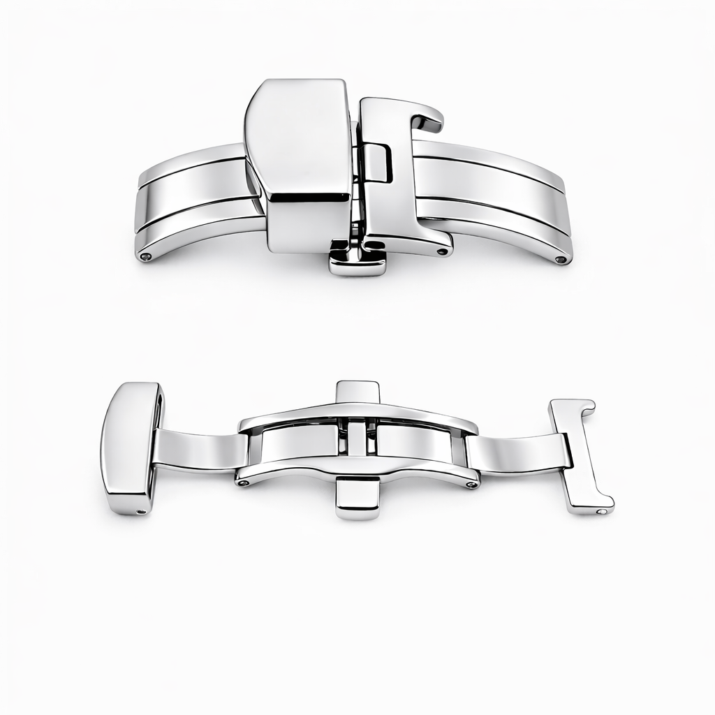 Masar Chiusura Deployante Bracciale Orologio - Fibbia a Farfalla Pulsanti Stretti - Lucido a Specchio Argento - 1 pz